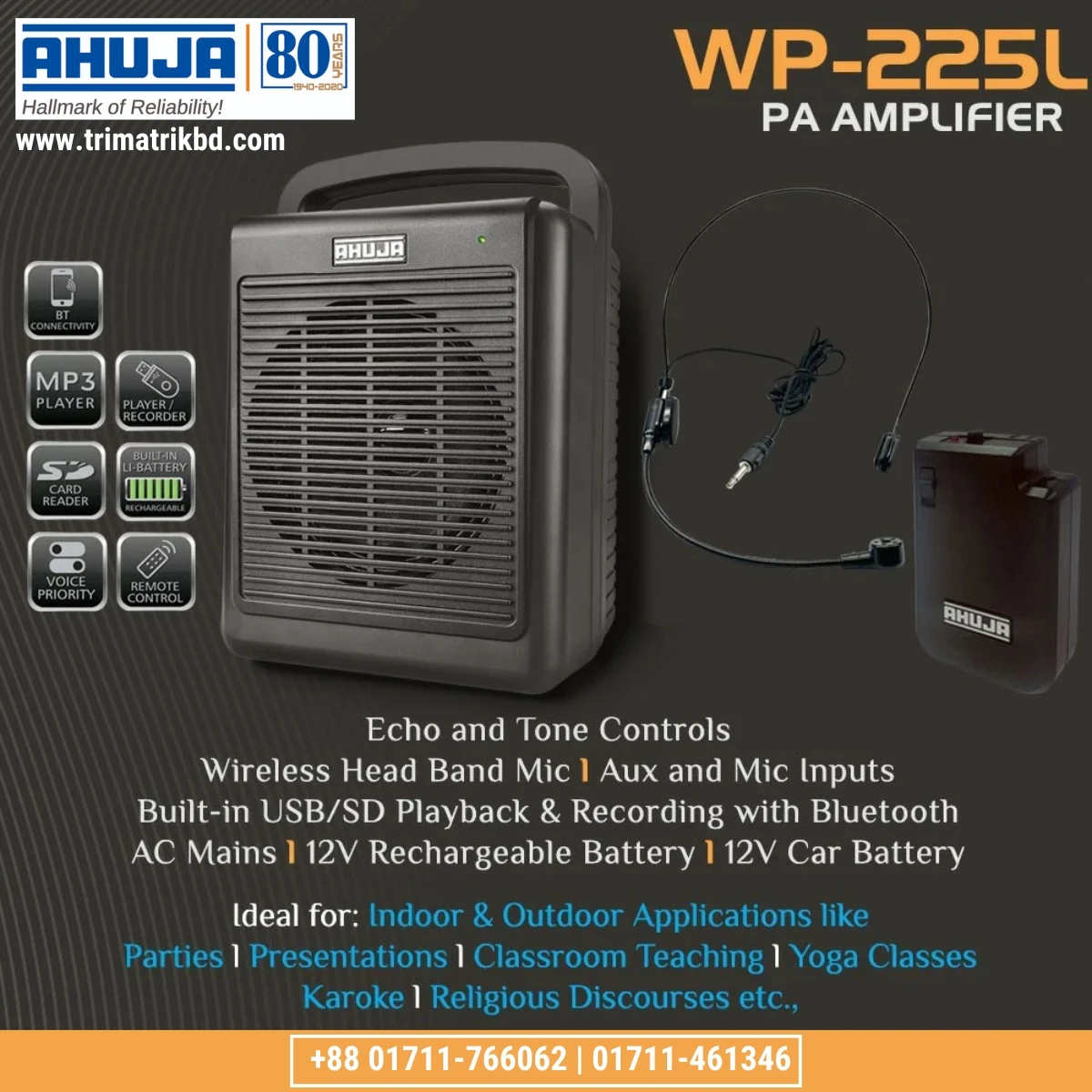 Ahuja WP-225L Portable PA System with Wireless Head-Band Mic, Bluetooth, Mp3 Player Etc