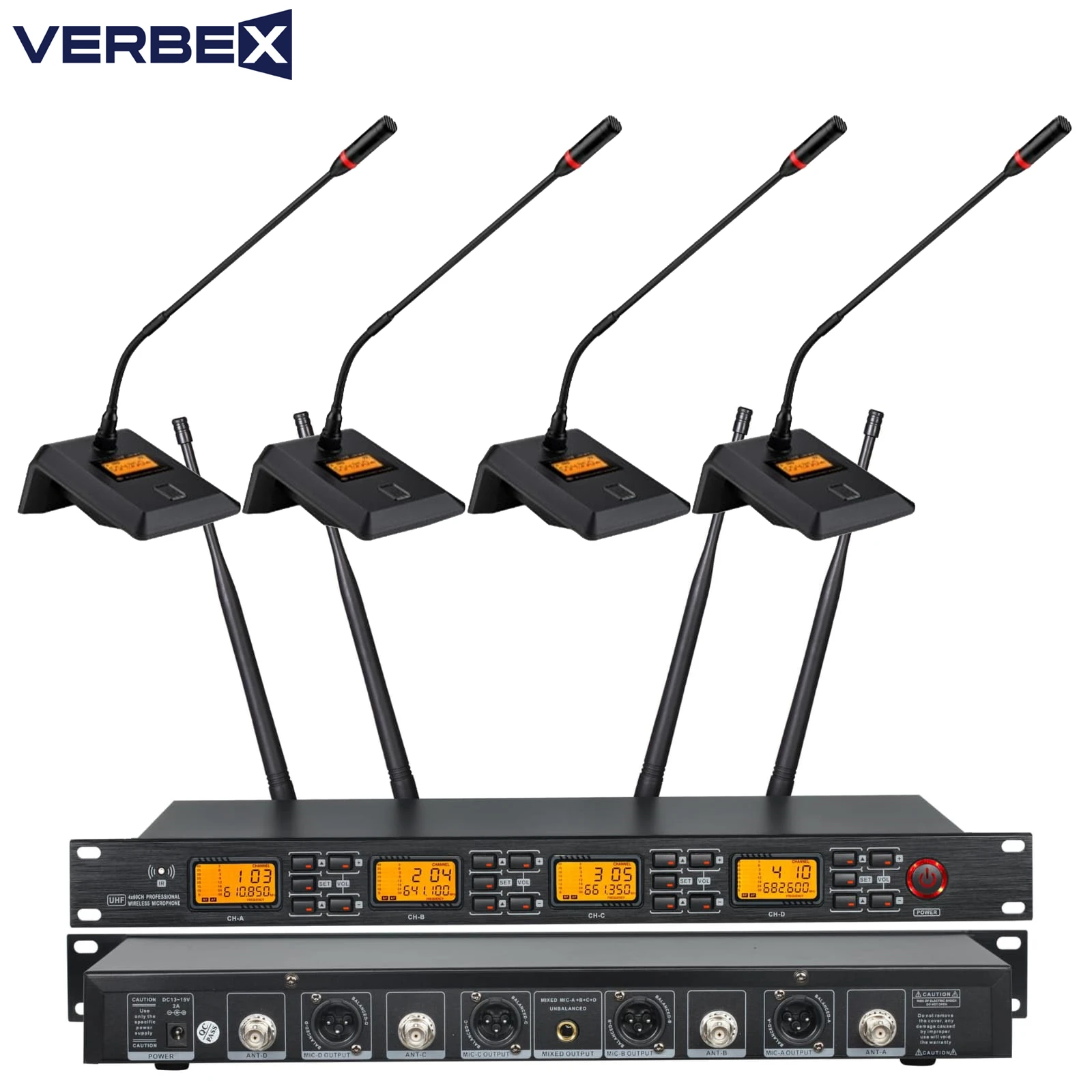 Verbex VT-UR4000TT UHF 4-Table Top Wireless Gooseneck Microphone Set