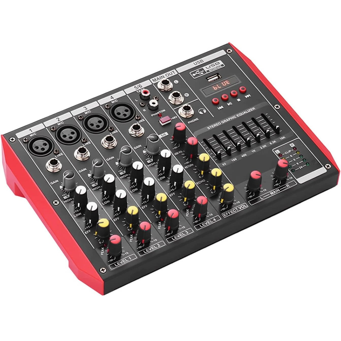 Verbex VT-D6  6-Channel Mixing Console Mixer 7-band EQ Built-in 48V Phantom Power Supports BT Connection USB MP3 Player